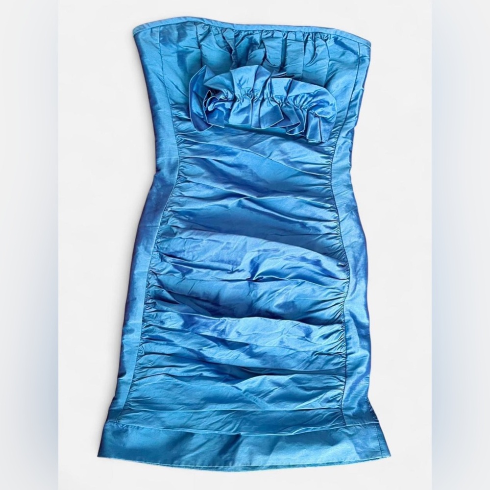 Jessica McClintock Vintage Y2K Strapless Ruffled Turquoise Minidress
